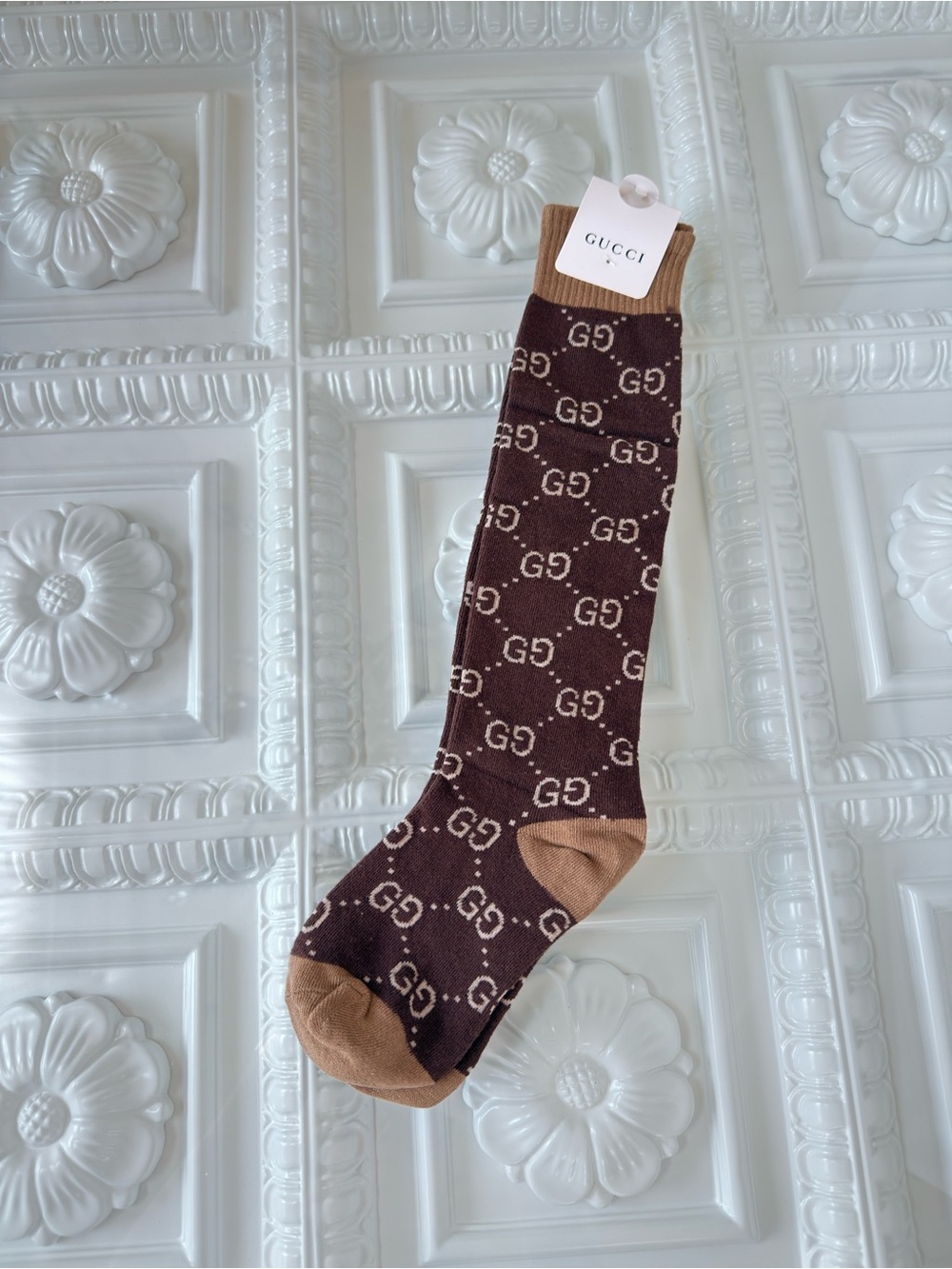 Luxe Logo Brown & Tan Pattern Knee High Dress Socks |6-10